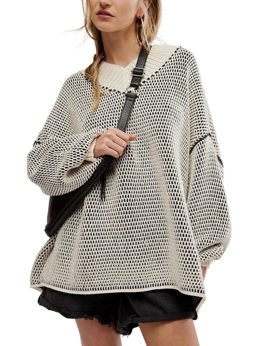 Free People MAISIE SWEATER IN IVORY BLACK COMBO - Like New - Large